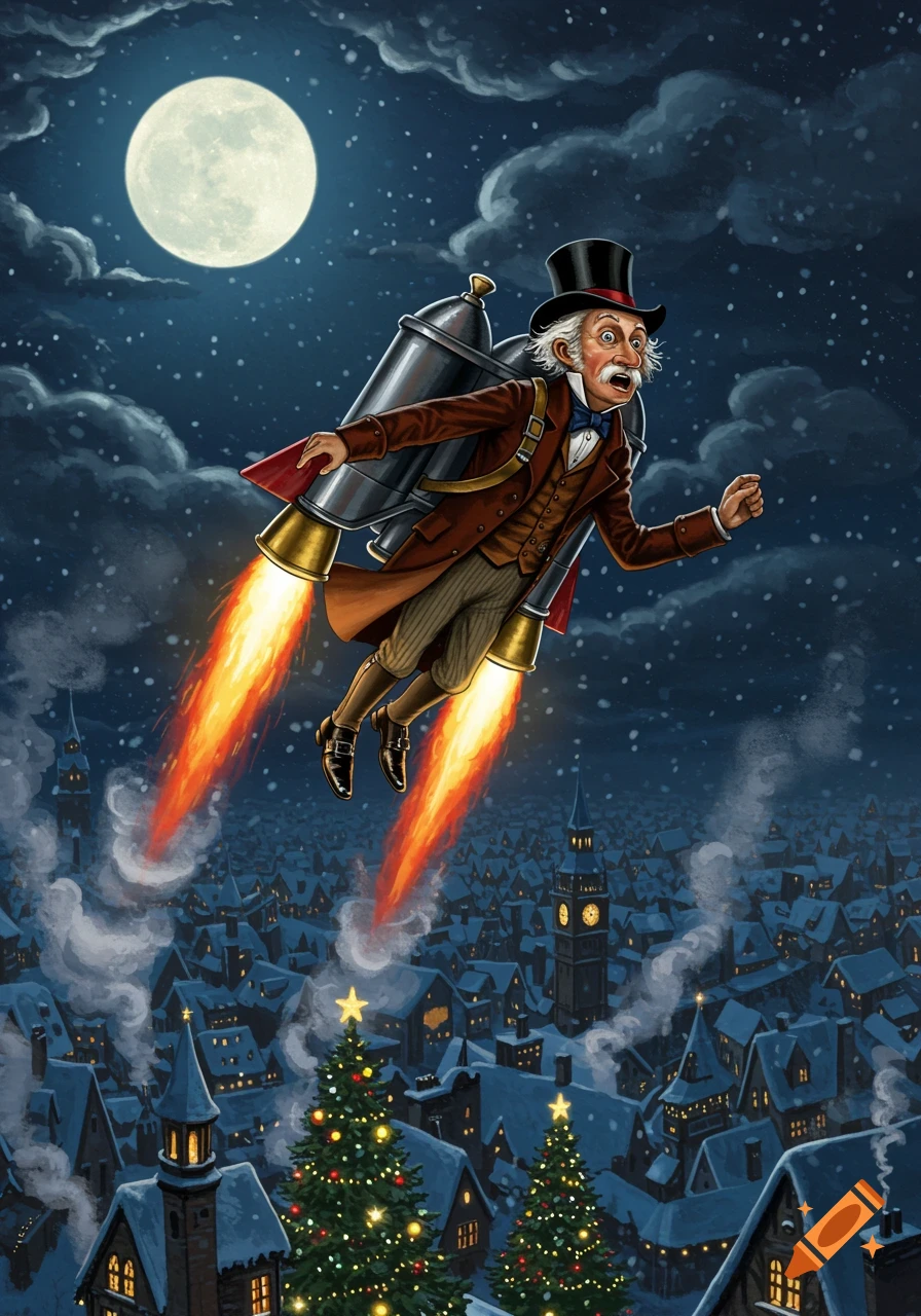 An old man with a top hat and jetpack flies over a snowy, festive town at night under a full moon, in an illustration.