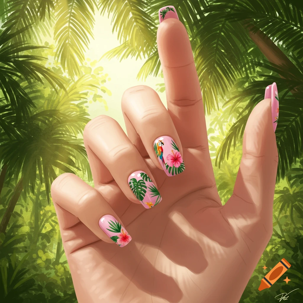 A digital painting of a hand with pink nails featuring tropical designs of a parrot, hibiscus, and monstera leaves, against a bright palm tree background.