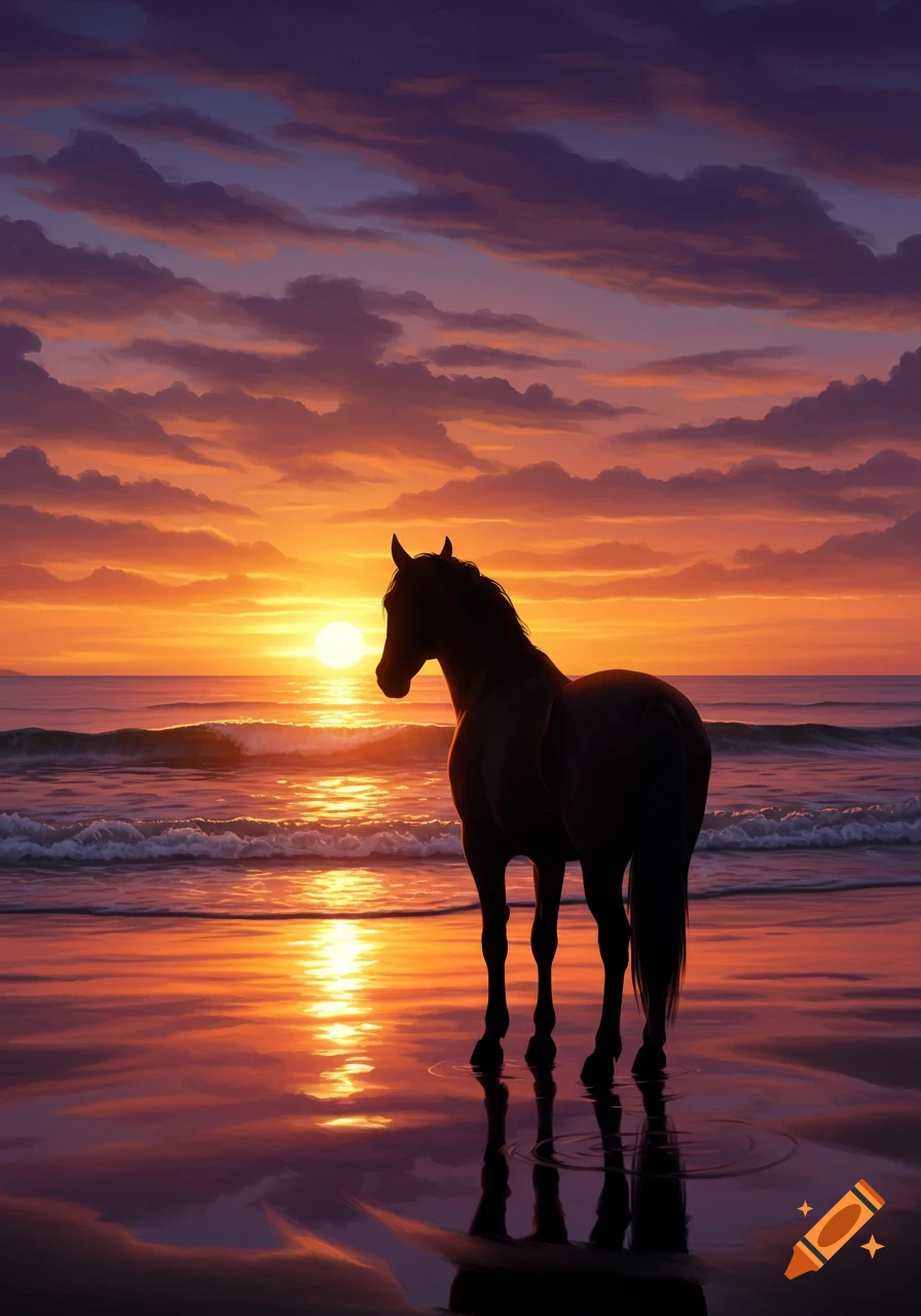 A silhouette of a horse stands in the shallow water of a beach, gazing at a vibrant orange and purple sunset over the ocean.