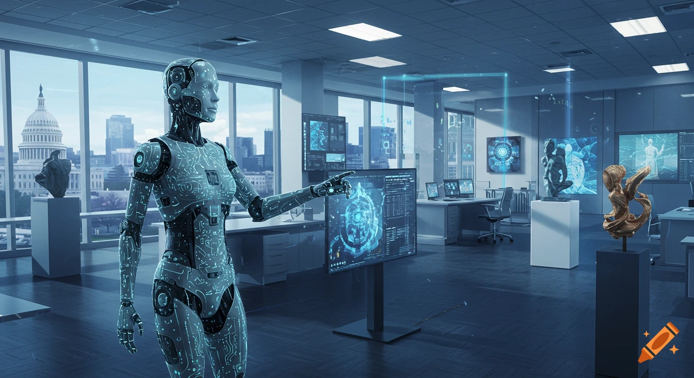 A photorealistic image of a humanoid robot in a futuristic office, pointing at a large screen displaying data. The US Capitol building is visible through the window.