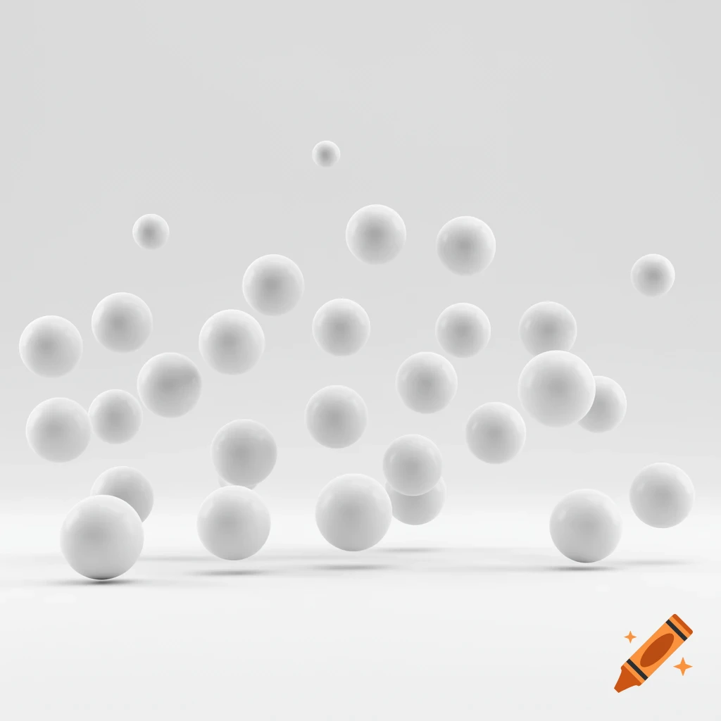 White spheres of varying sizes float and rest on a white surface against a light background.
