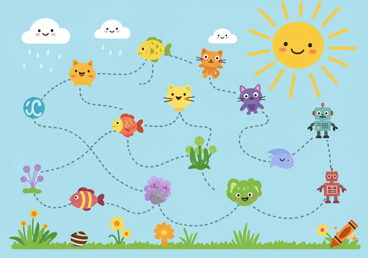 A cheerful cartoon mouse skills mat for elementary students featuring happy cats, fish, robots, and plants on a blue background with dotted paths.
