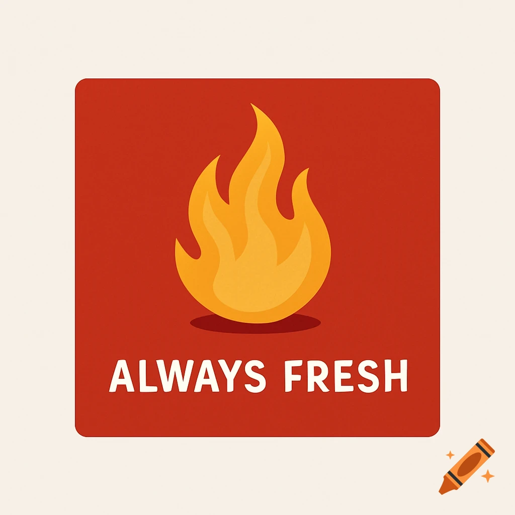 A red square restaurant logo with a stylized orange and yellow flame above the white text 'ALWAYS FRESH'.