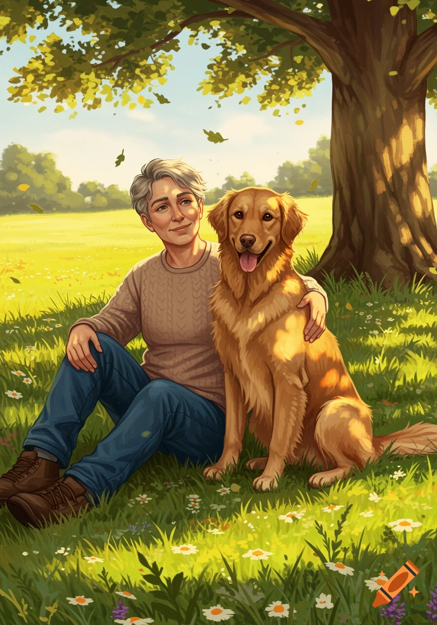 Illustration of a person with gray hair and a golden retriever dog sitting together in a sunny grassy field under a large tree.