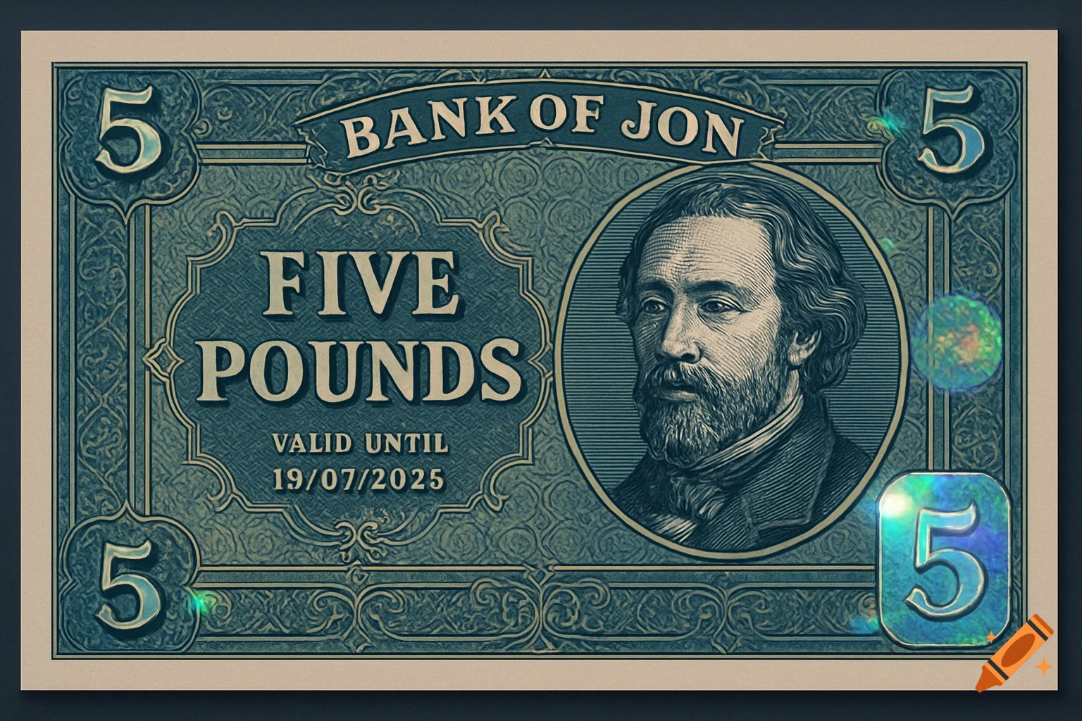 A vintage-style five pound note from the Bank of Jon, featuring a portrait of a man and details like the valid date.
