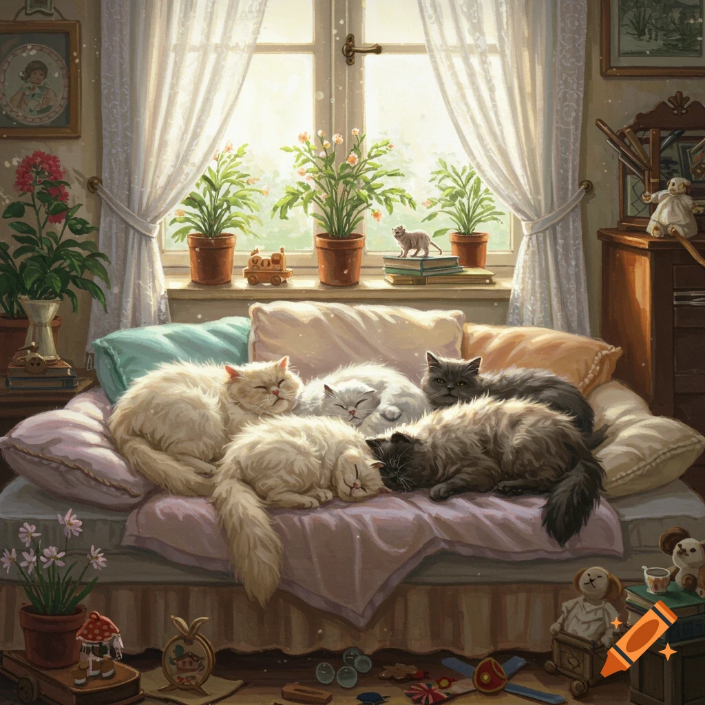 Multiple fluffy cats sleeping soundly on a pillow-filled couch in a sunlit, cozy room with plants and classical decor.