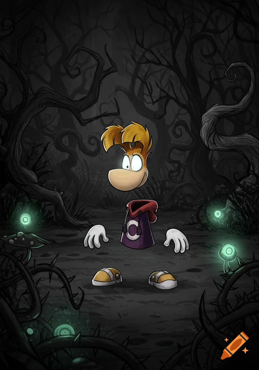 Rayman in a dark, stylized forest with glowing flora and thorny vines, rendered in a Don't Starve-like art style.