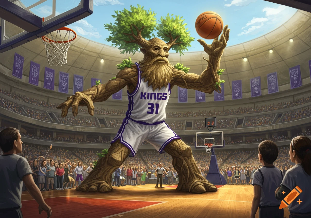 A large, tree-like creature in a basketball uniform with 'KINGS 31' on it, playing in a large, packed stadium.
