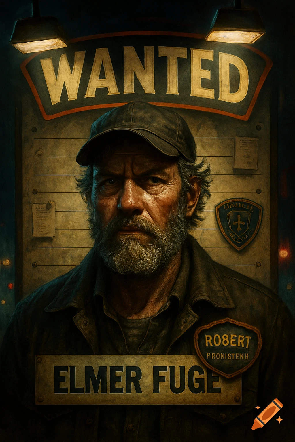 A gritty portrait of a bearded man in a cap against a "WANTED" poster, with "ELMER FUGE" on a sign.