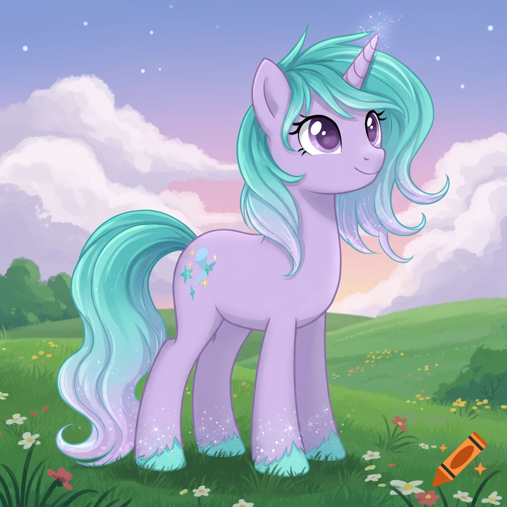 A lavender unicorn with teal and purple mane and tail stands in a grassy field under a cloudy sky.