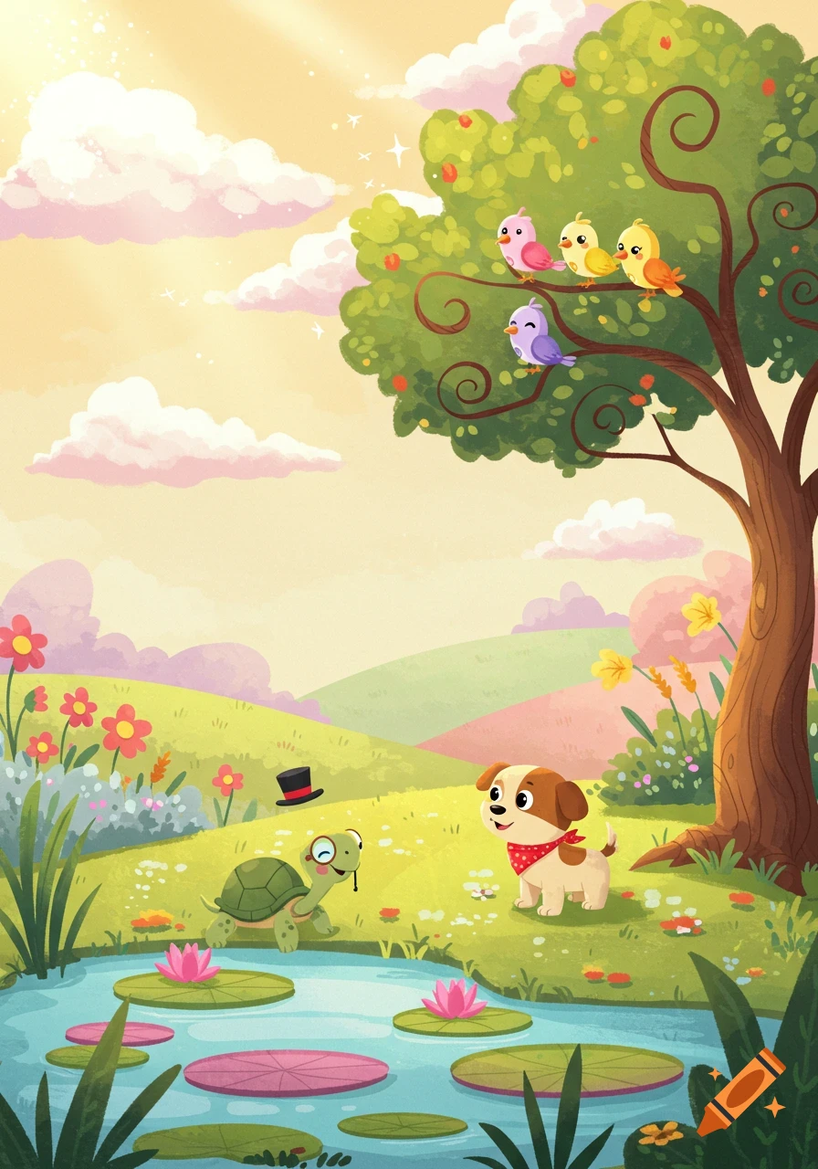 A vibrant cartoon landscape with a dog and a turtle by a pond, under a tree with colorful birds. Watercolor style.