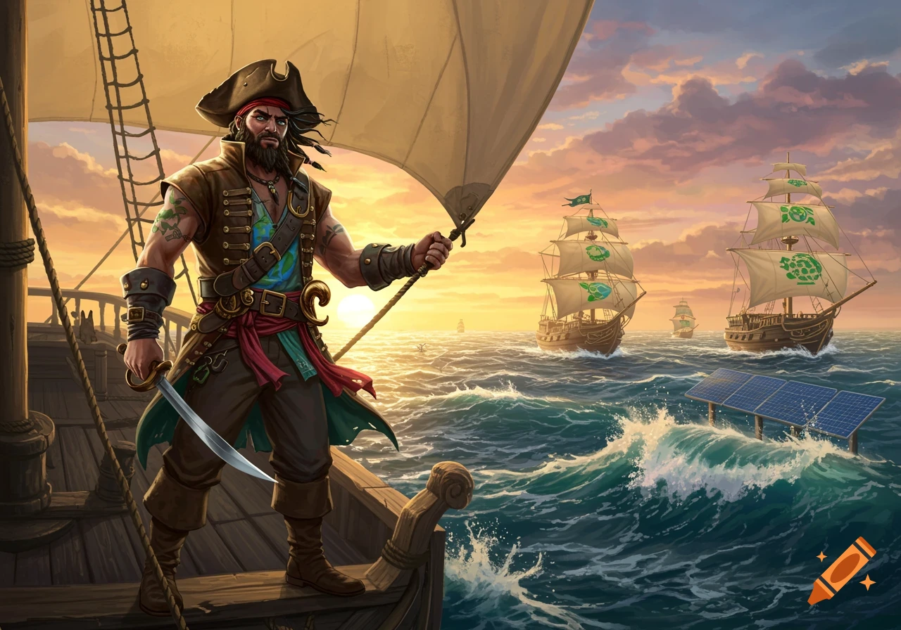 A rugged pirate stands on his ship, holding a sword, with other pirate ships and solar panels in the wavy ocean under a colorful sunset sky.