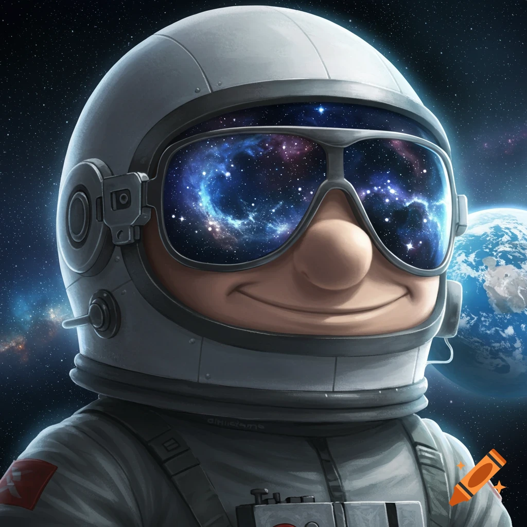 Cartoon astronaut character in a helmet with galaxy-reflecting sunglasses, floating in space near Earth.