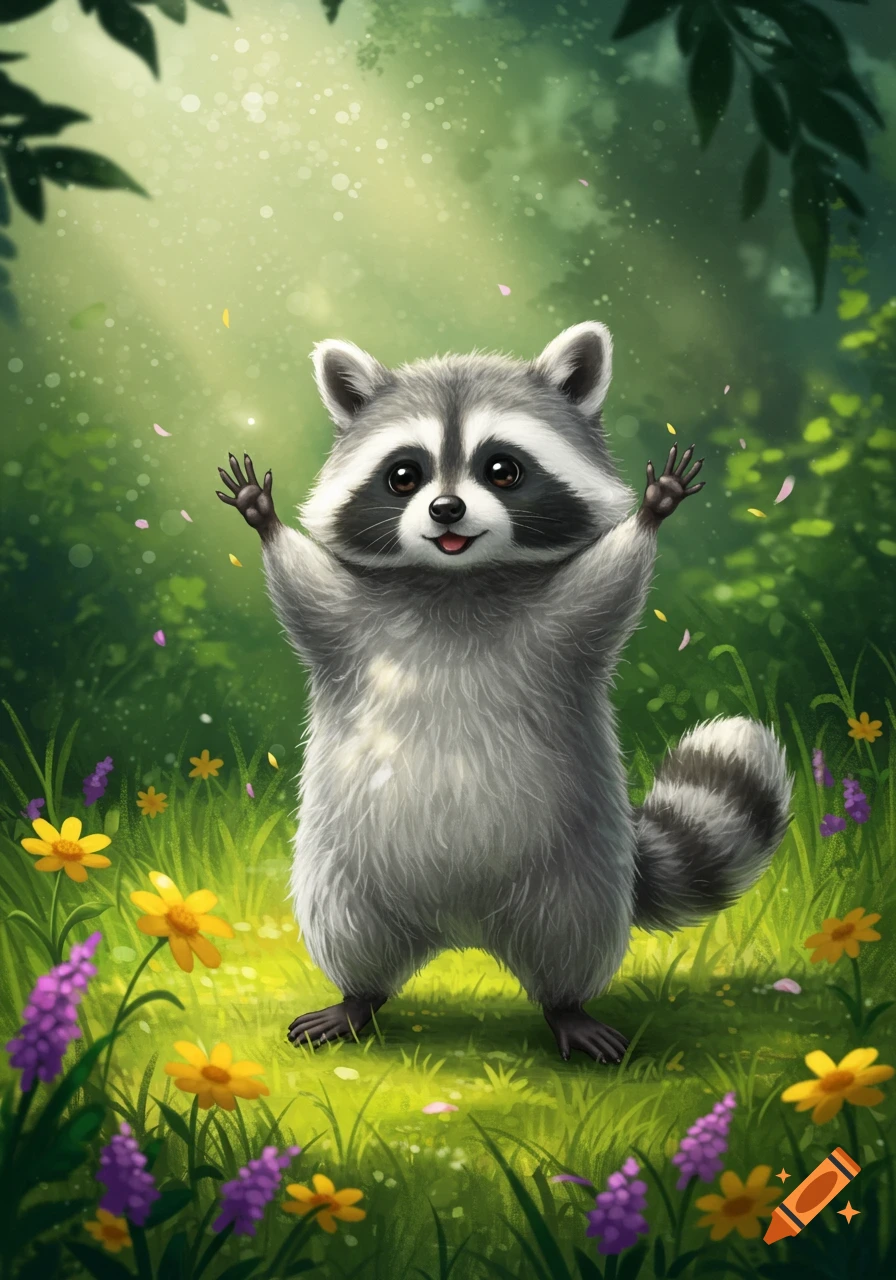A cute cartoon raccoon with arms raised in a vibrant green forest with colorful flowers.