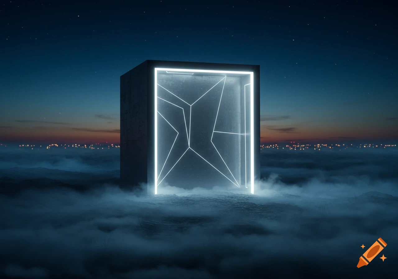 A luminous geometric cube stands amidst swirling fog under a dark, starry twilight sky, with distant city lights.