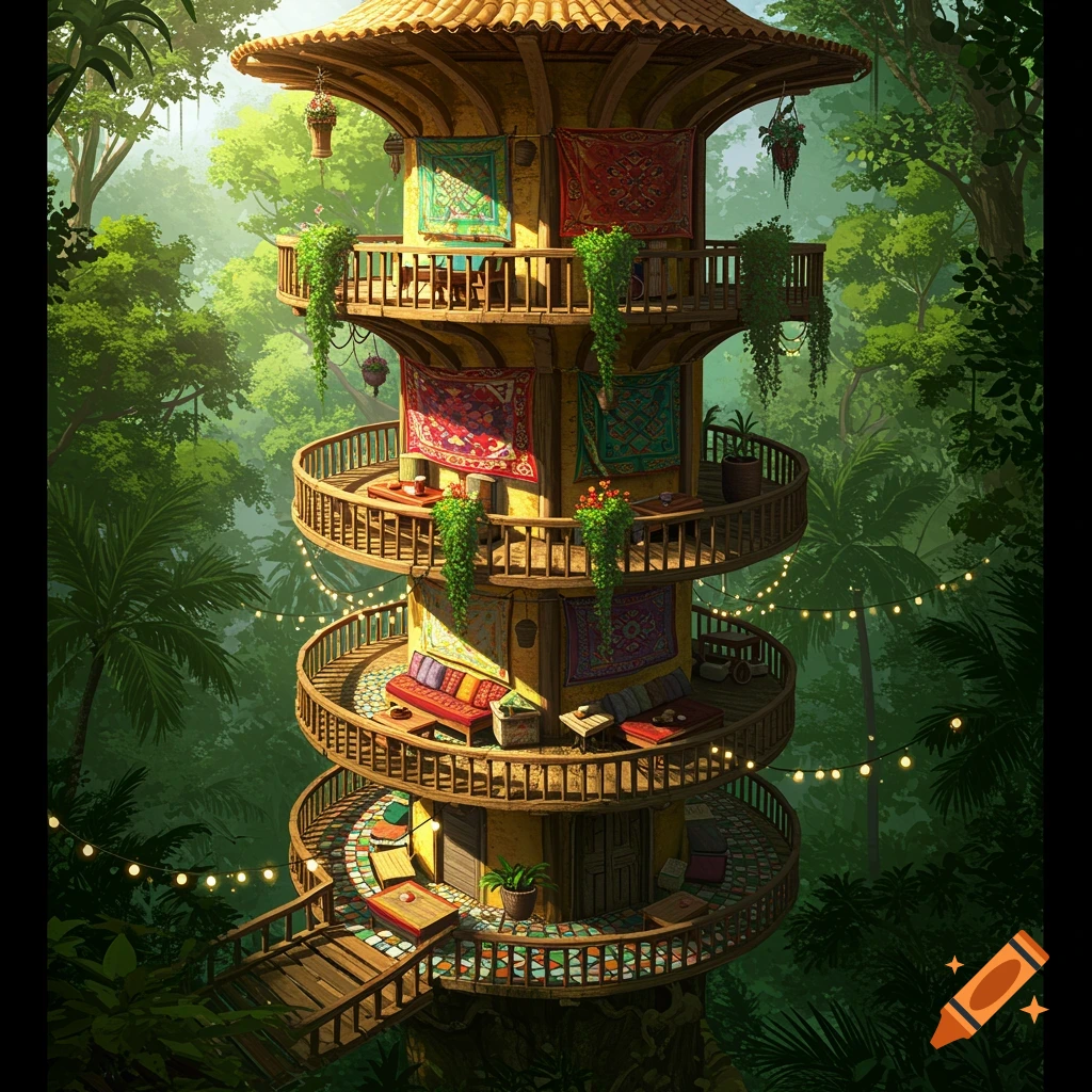 A whimsical, multi-level wooden tower with spiral balconies and bohemian decor nestled in a lush jungle with string lights.