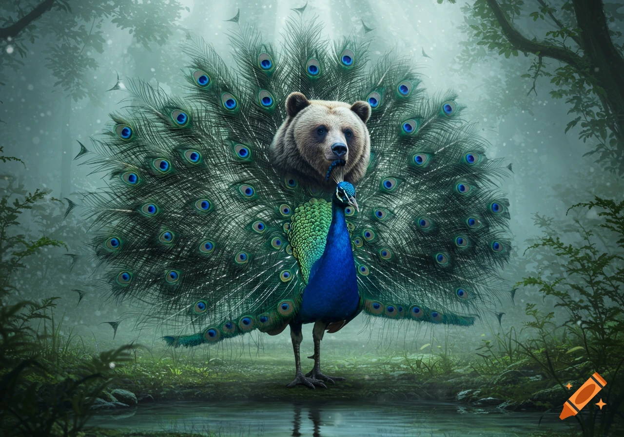 A surreal image of a brown bear's head on a peacock's body with its tail fanned out, standing in a misty forest.