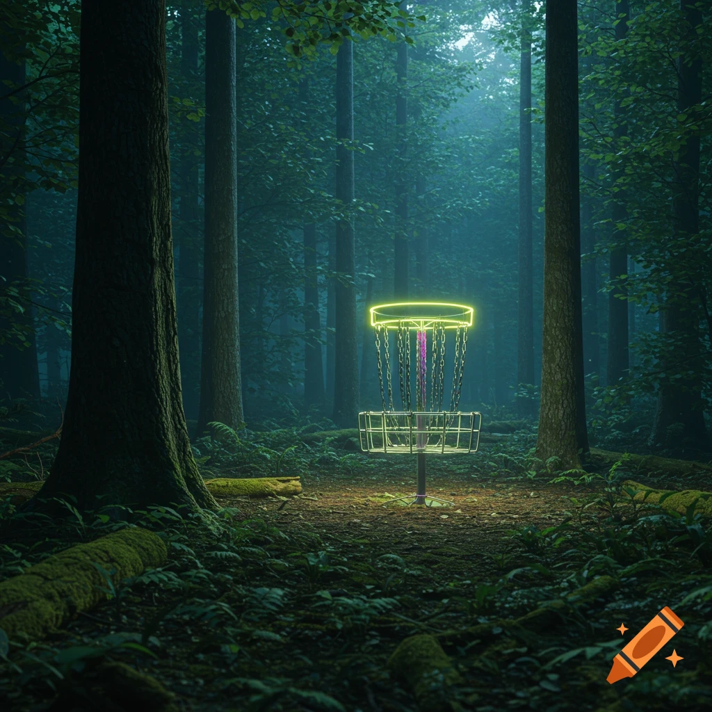 A neon-glowing disc golf basket stands in the center of a dark, mystical forest with lush green foliage.