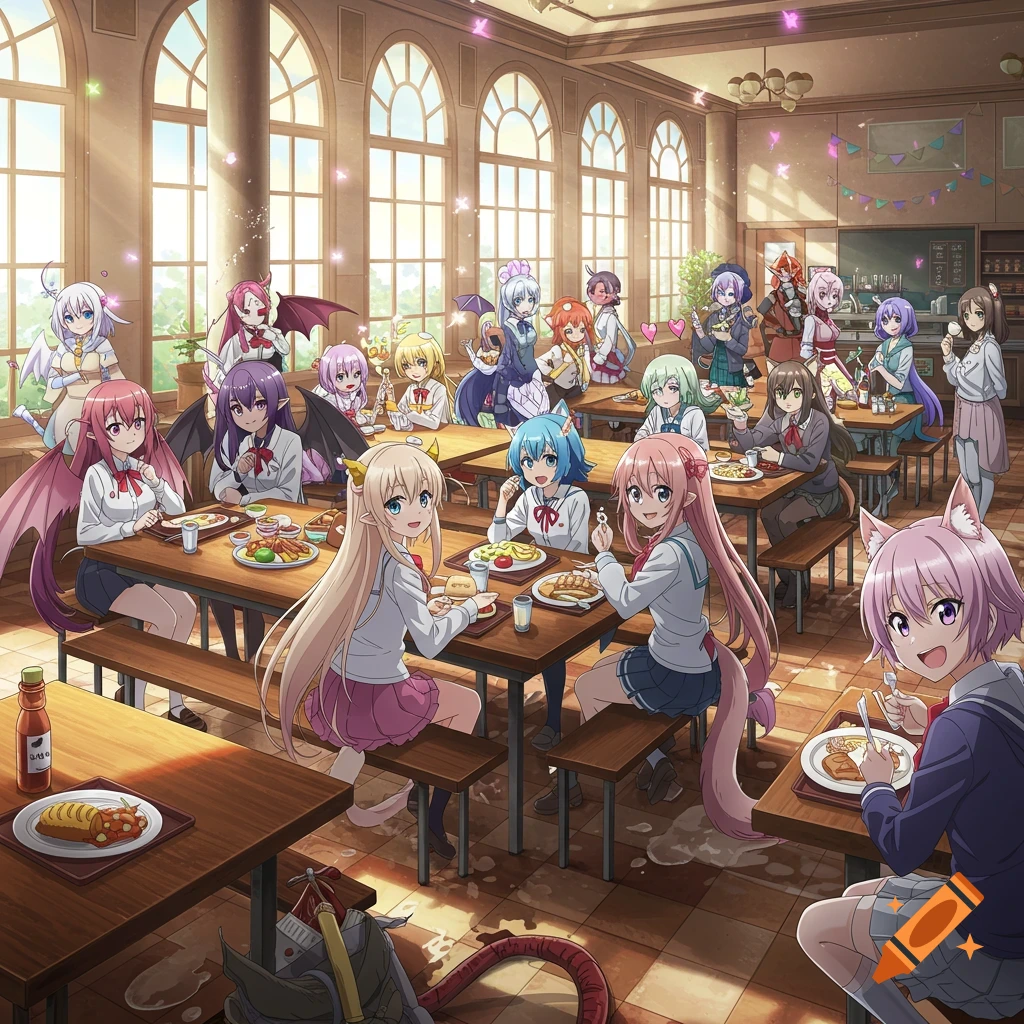 An anime-style illustration of many different monster girls eating in a brightly lit school cafeteria with large arched windows.
