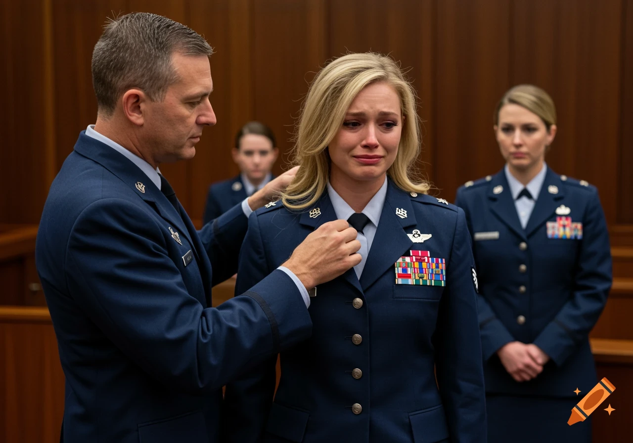 A male Air Force officer stands next to a crying blonde female officer in uniform, possibly during a ceremony.
