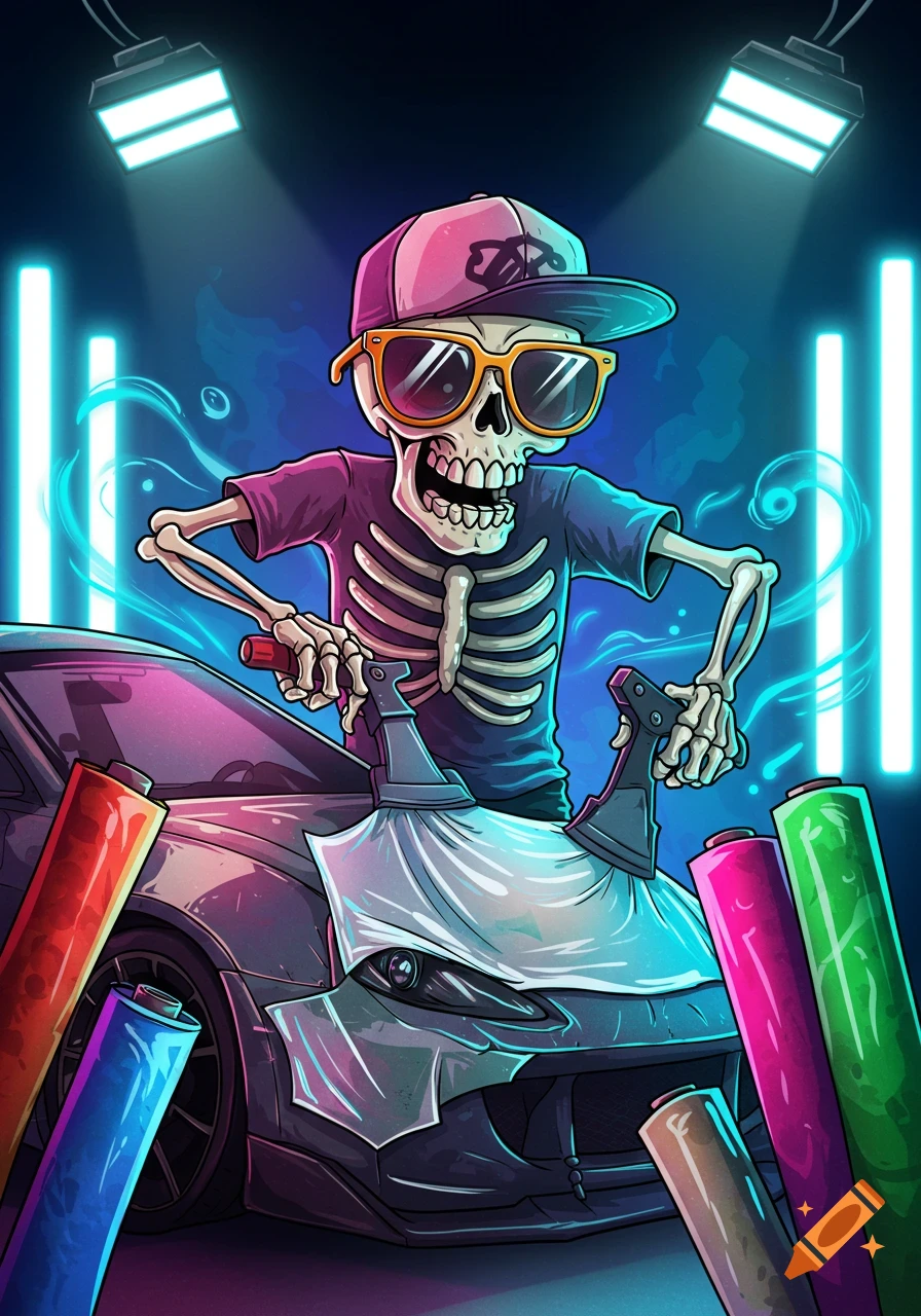A cartoon skeleton in sunglasses and a cap vinyl wrapping a car, surrounded by colorful vinyl rolls and neon lights in a stylized illustration.