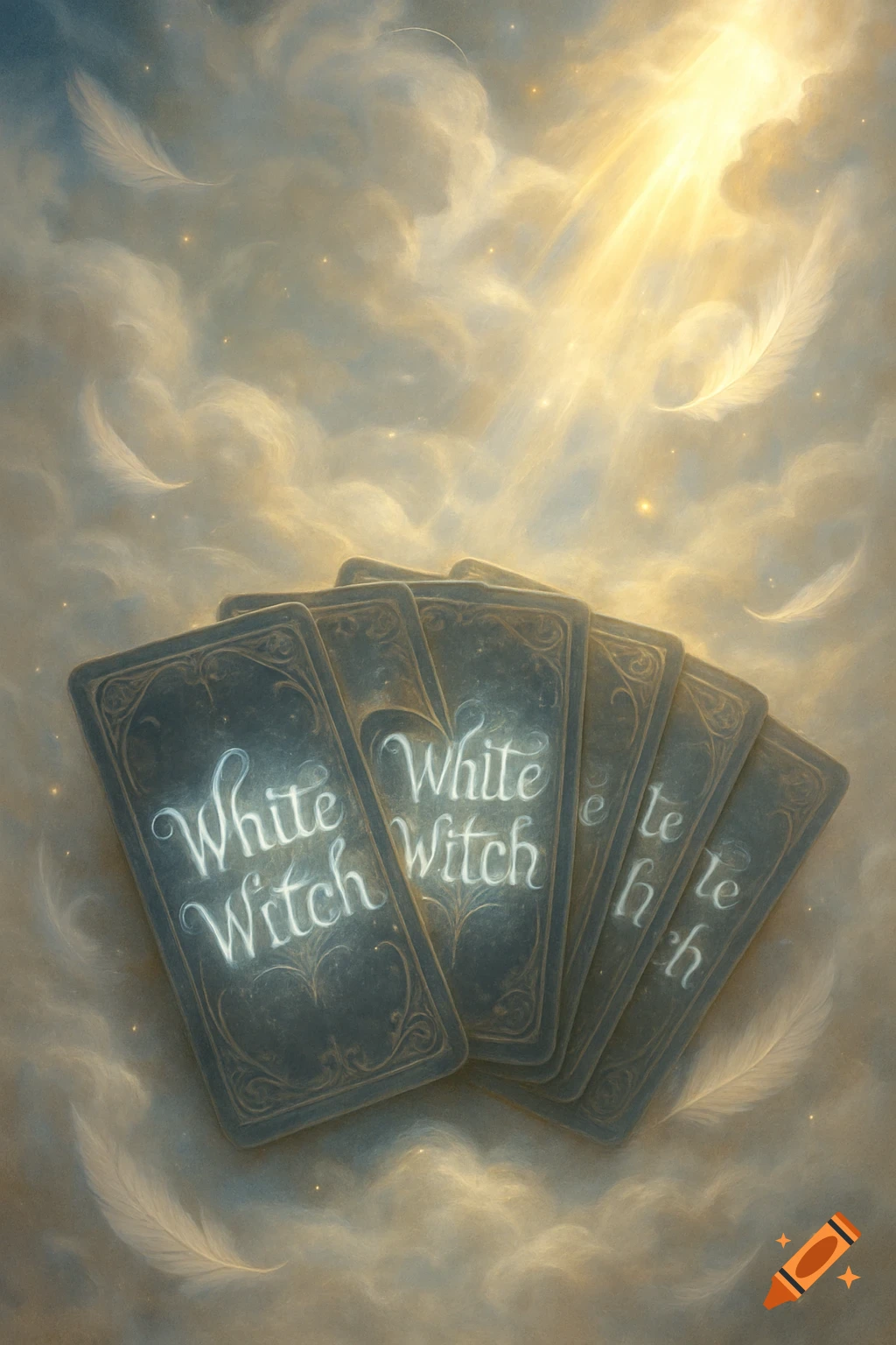 Tarot cards with "White Witch" written on them, floating among clouds with feathers and golden light.