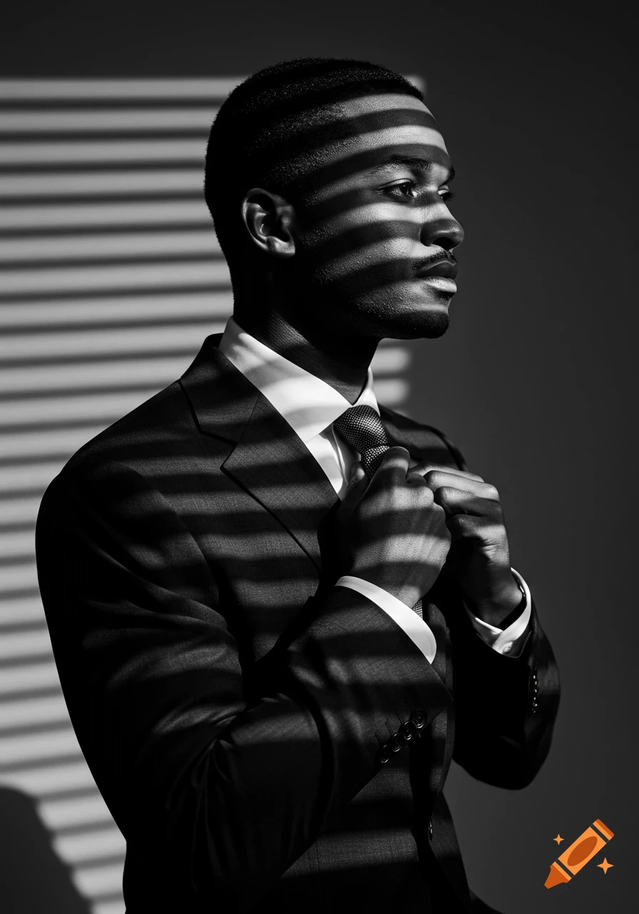 Black and white cinematic portrait of a man in a suit adjusting his tie, with strong shadow stripes across his face and body.