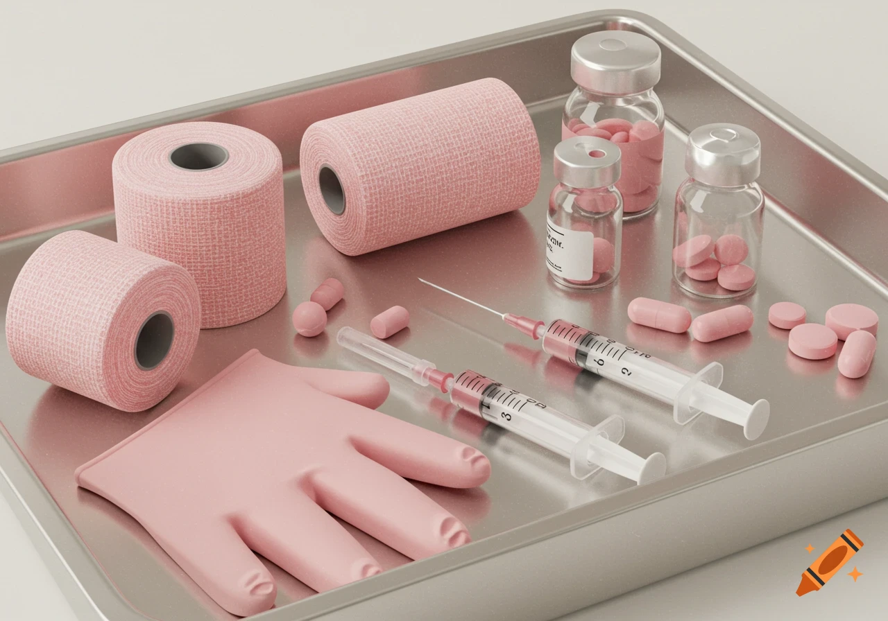 Photorealistic image of pink medical supplies including bandages, a glove, syringes, and vials with pills on a metal tray.