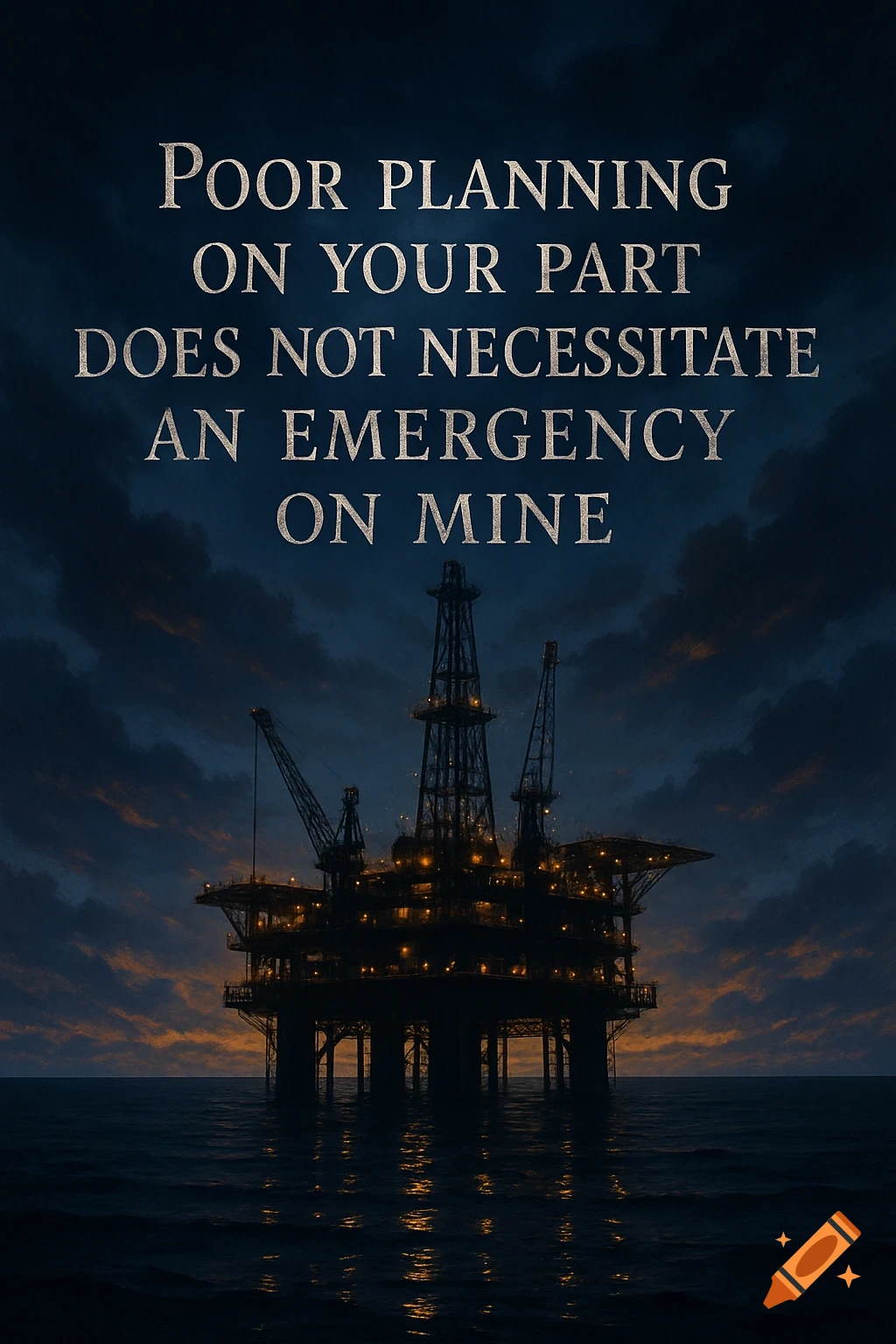 Oil rig silhouette with lights on, in a dark ocean under a dramatic sky. Text: 'Poor planning on your part does not necessitate an emergency on mine'.