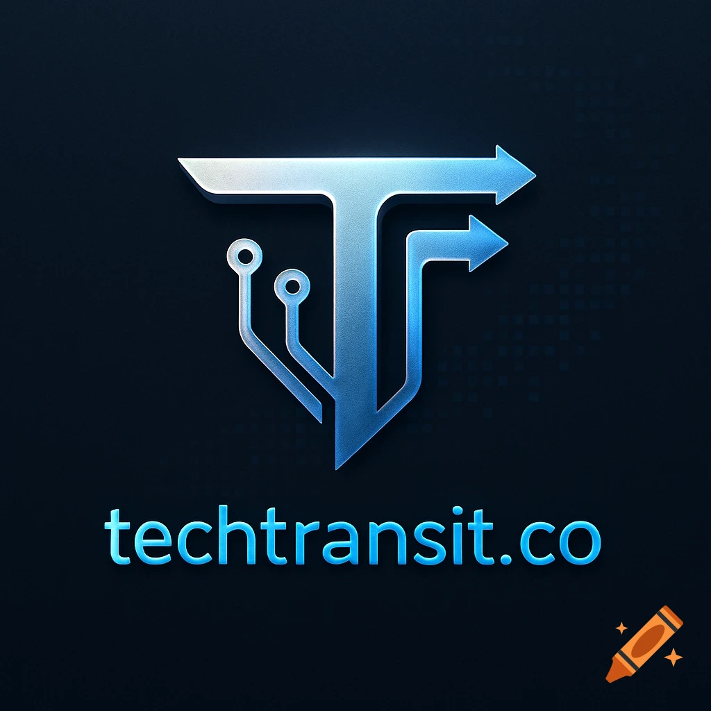 Blue and silver 3D tech logo with a stylized 'T' resembling circuitry and arrows, with 'techtransit.co' below, on a dark background.