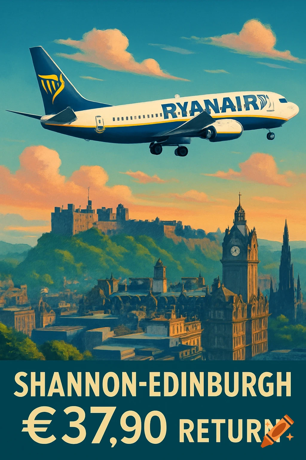 A Ryanair plane flying over a stylized Edinburgh cityscape with Edinburgh Castle and a clock tower. Text: Shannon-Edinburgh €37,90 Return. Travel poster style.