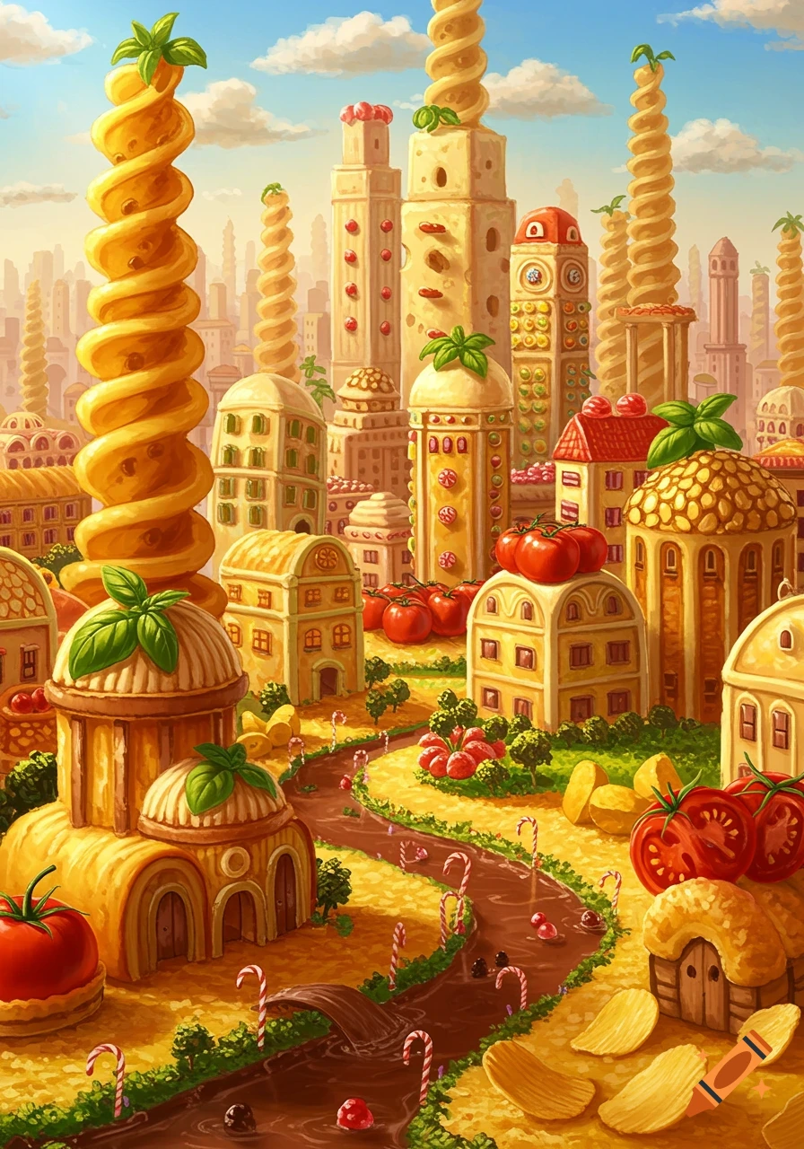 A vibrant, whimsical city made of food, with buildings of pasta, cheese, and tomatoes, a chocolate river, and candy cane accents.