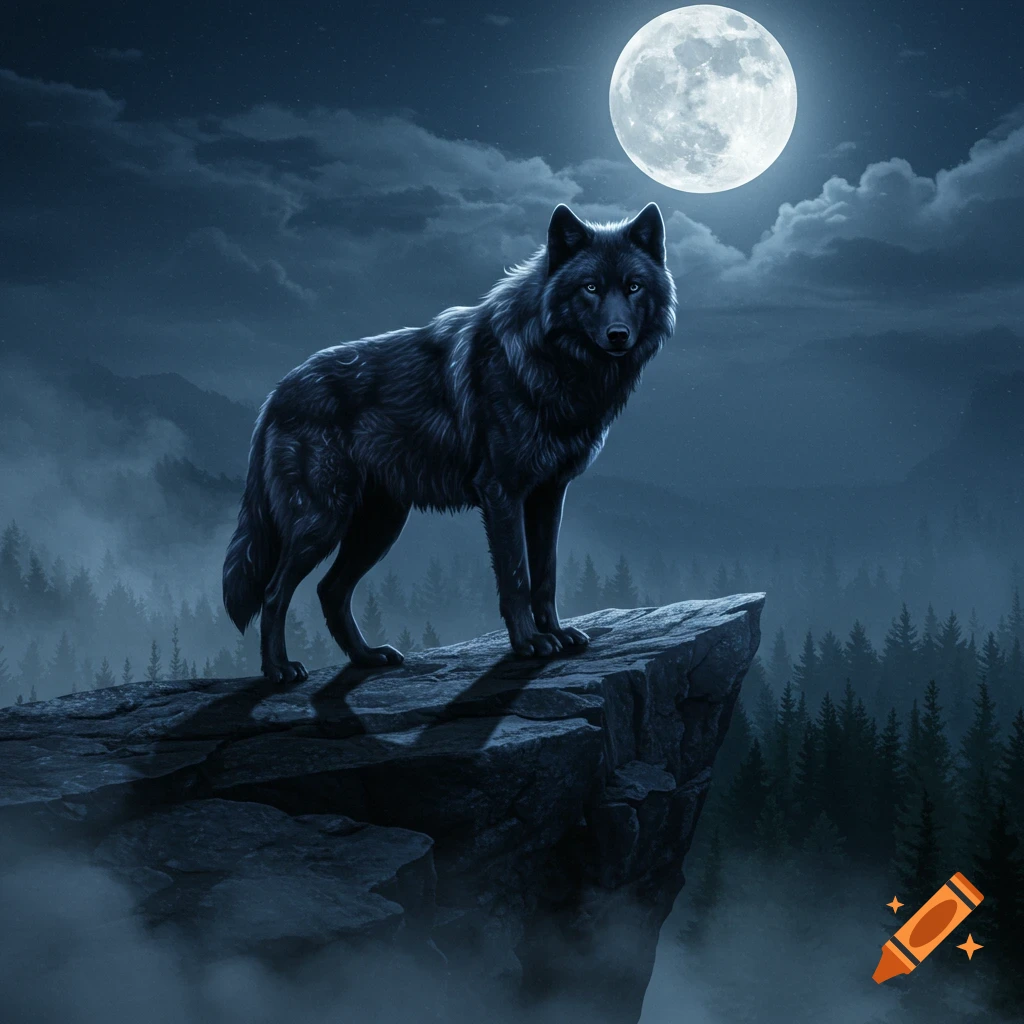 A majestic black wolf stands on a rocky cliff under a large, bright full moon, overlooking a misty forest at night.