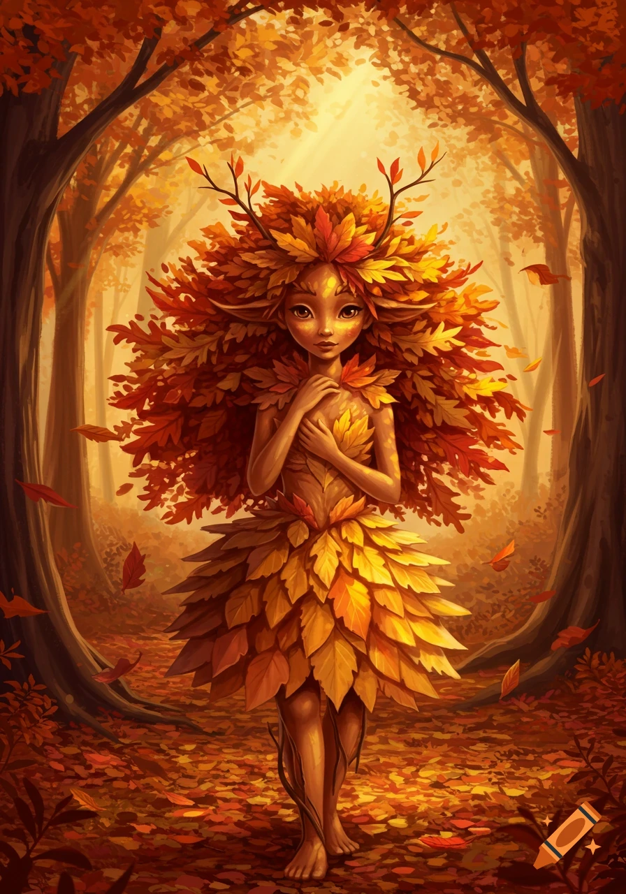 A fantastical dryad with a dress and hair made of autumn leaves stands in a sunlit forest.