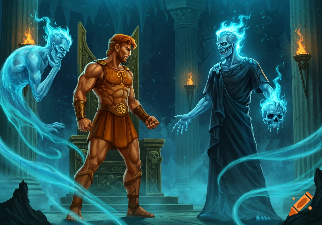 Hercules confronts Hades in the underworld, with a ghostly figure on the left. Hades holds a glowing skull.