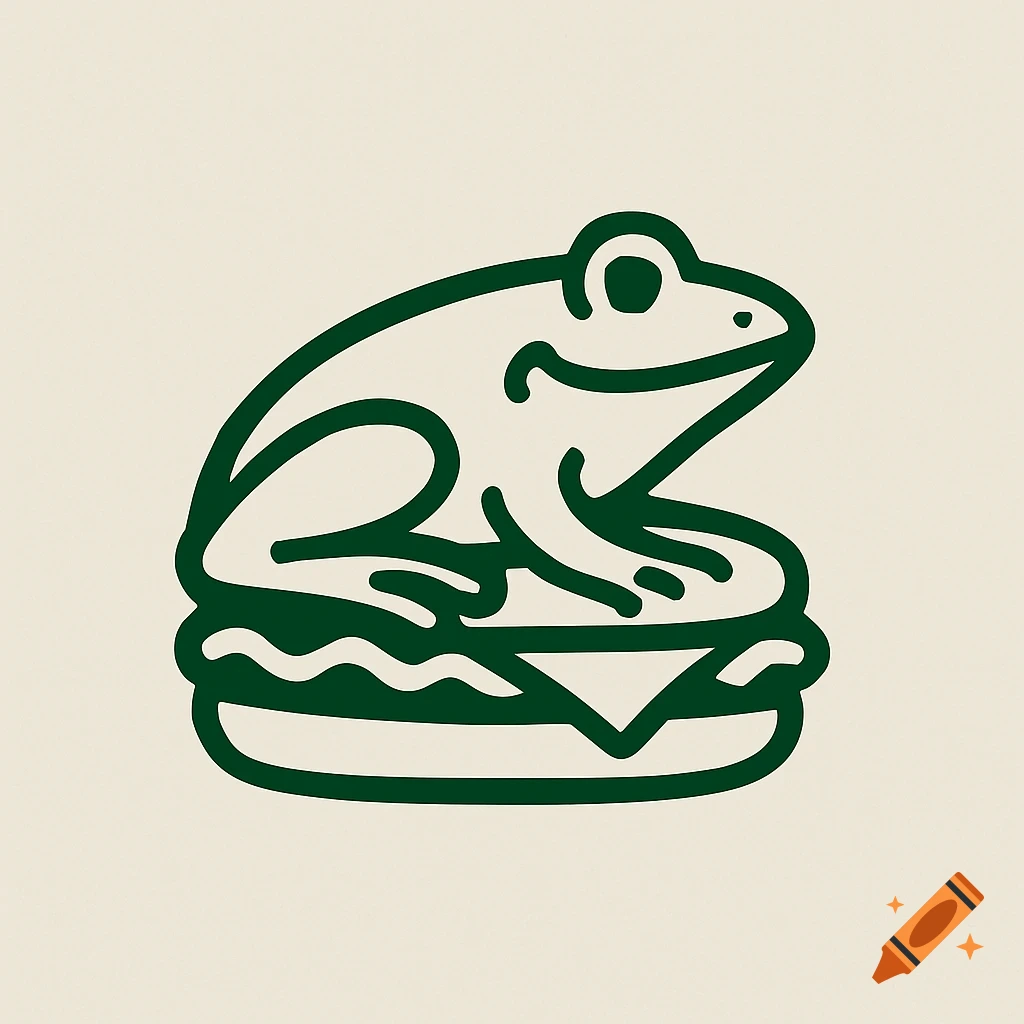 A minimalist green outline logo of a frog sitting atop a hamburger, against a light background.