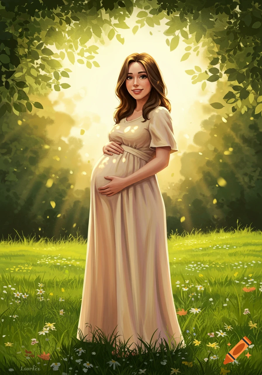 An illustration of a smiling pregnant woman in a light dress, holding her belly in a sunlit green field with trees and flowers.