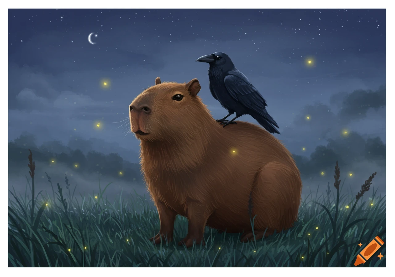 A cute capybara with a raven on its back sits in a grassy field at night, under a crescent moon and stars, with fireflies.