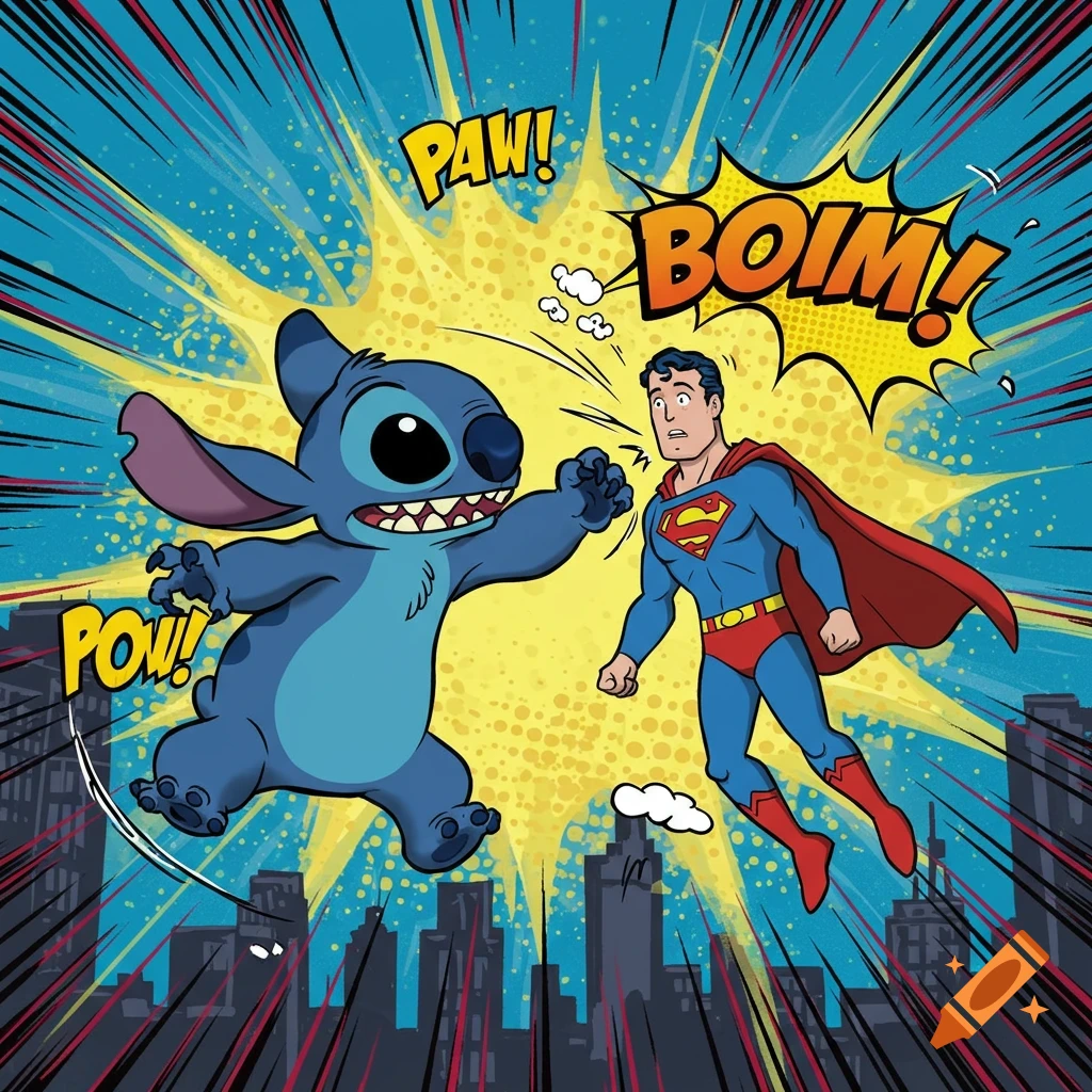 Stitch lunging at a surprised Superman in a comic book style scene with sound effects.