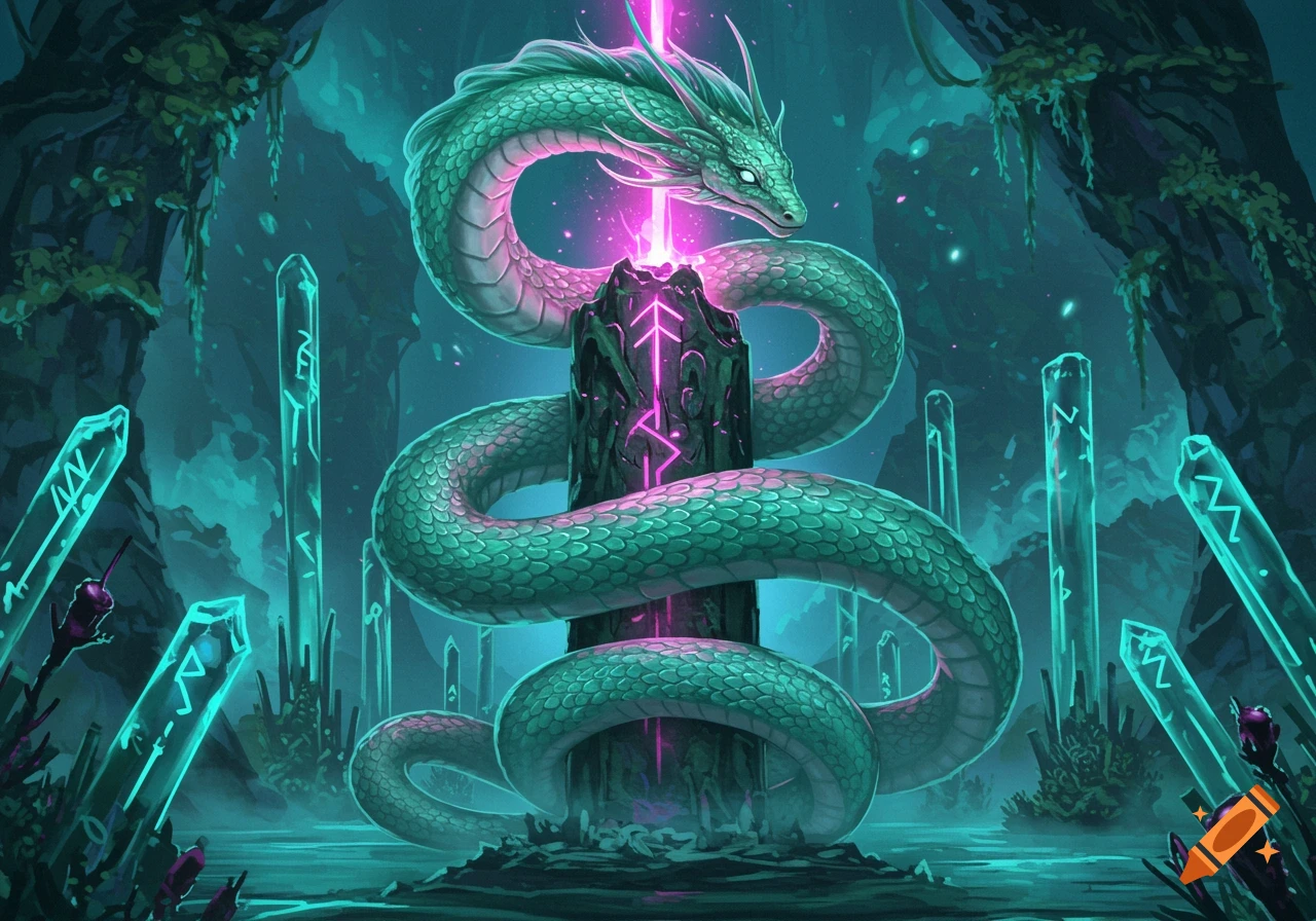 A large green dragon with glowing pink accents coils around a dark stone pillar with purple runes in a mystical turquoise cavern with glowing crystals.