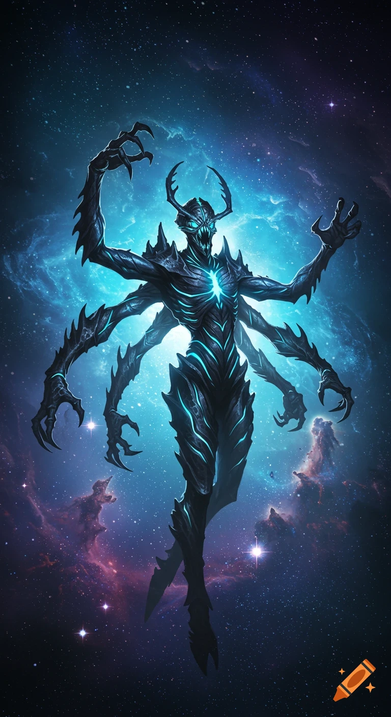 A monstrous alien entity with glowing patterns and multiple arms against a swirling blue and purple galaxy.