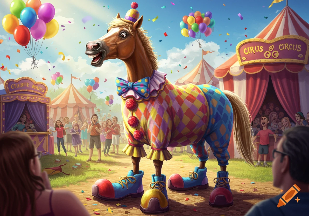 A happy horse in a colorful clown costume and oversized shoes stands at a vibrant outdoor circus with tents, balloons, confetti, and laughing spectators.