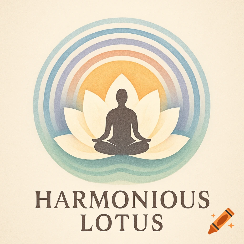 A stylized logo featuring a dark silhouette of a person meditating in a white lotus flower, surrounded by concentric rings in warm to cool colors, with the text "HARMONIOUS LOTUS" below.