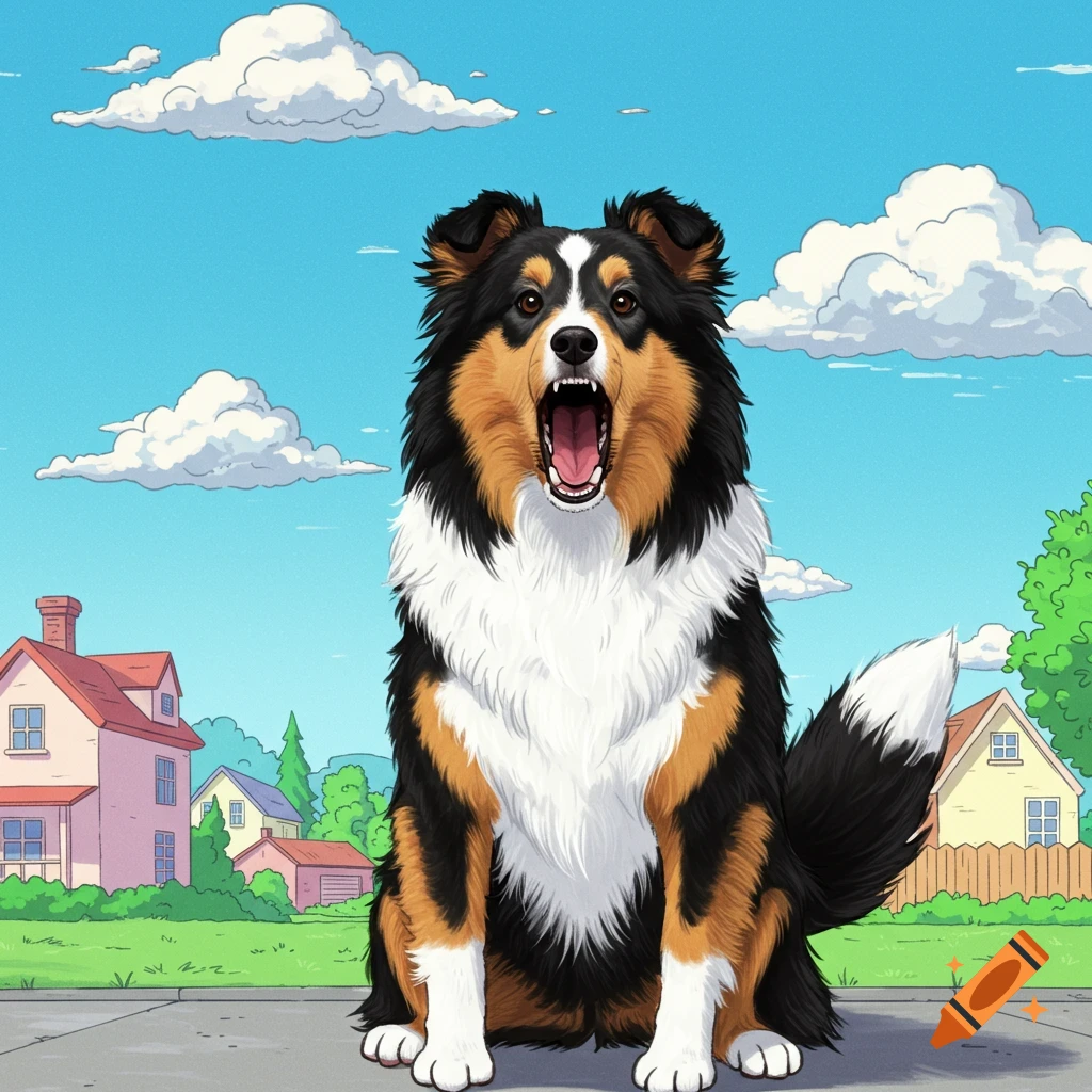 A cartoon Sheltie dog yells on a sidewalk in a suburban neighborhood, styled like The Simpsons.
