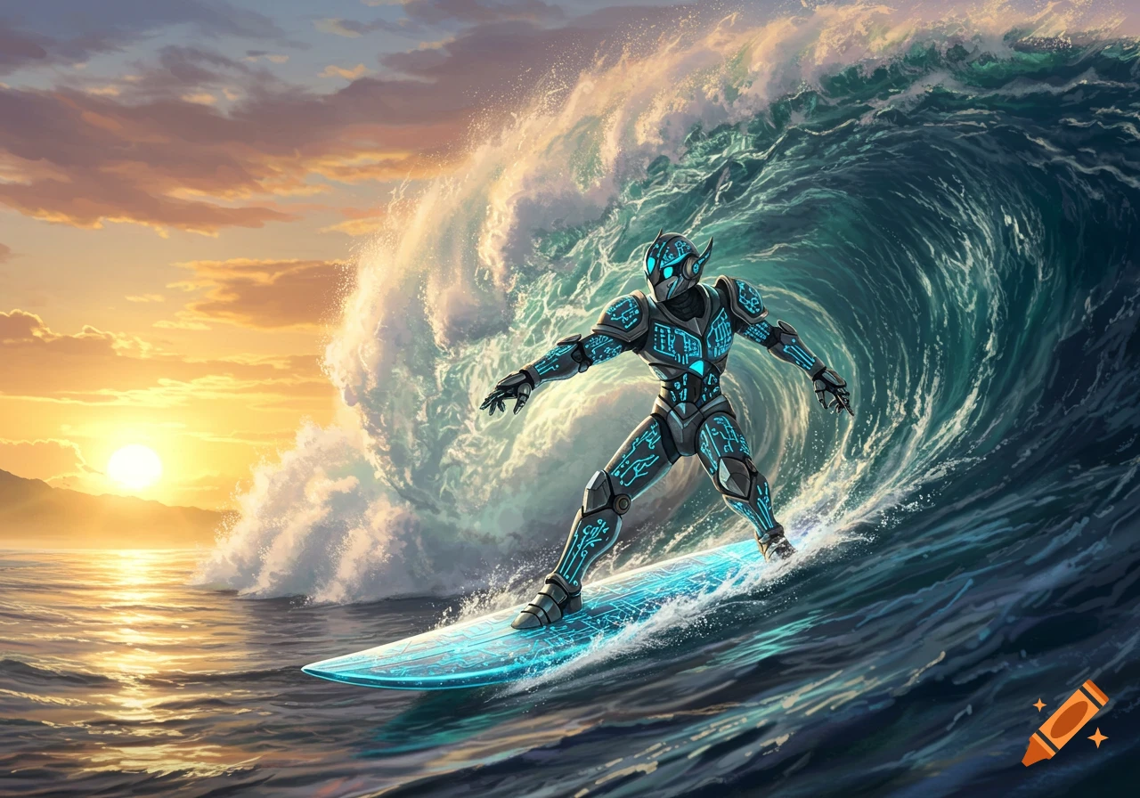 A futuristic robot in dark armor with glowing blue circuitry surfs a large wave at sunset.