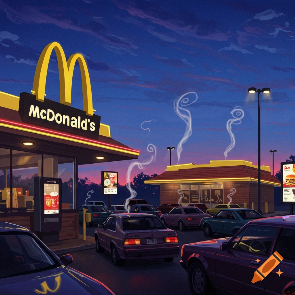 Stylized illustration of a busy McDonald's drive-thru at dusk with several cars waiting in line and steam rising from the buildings.