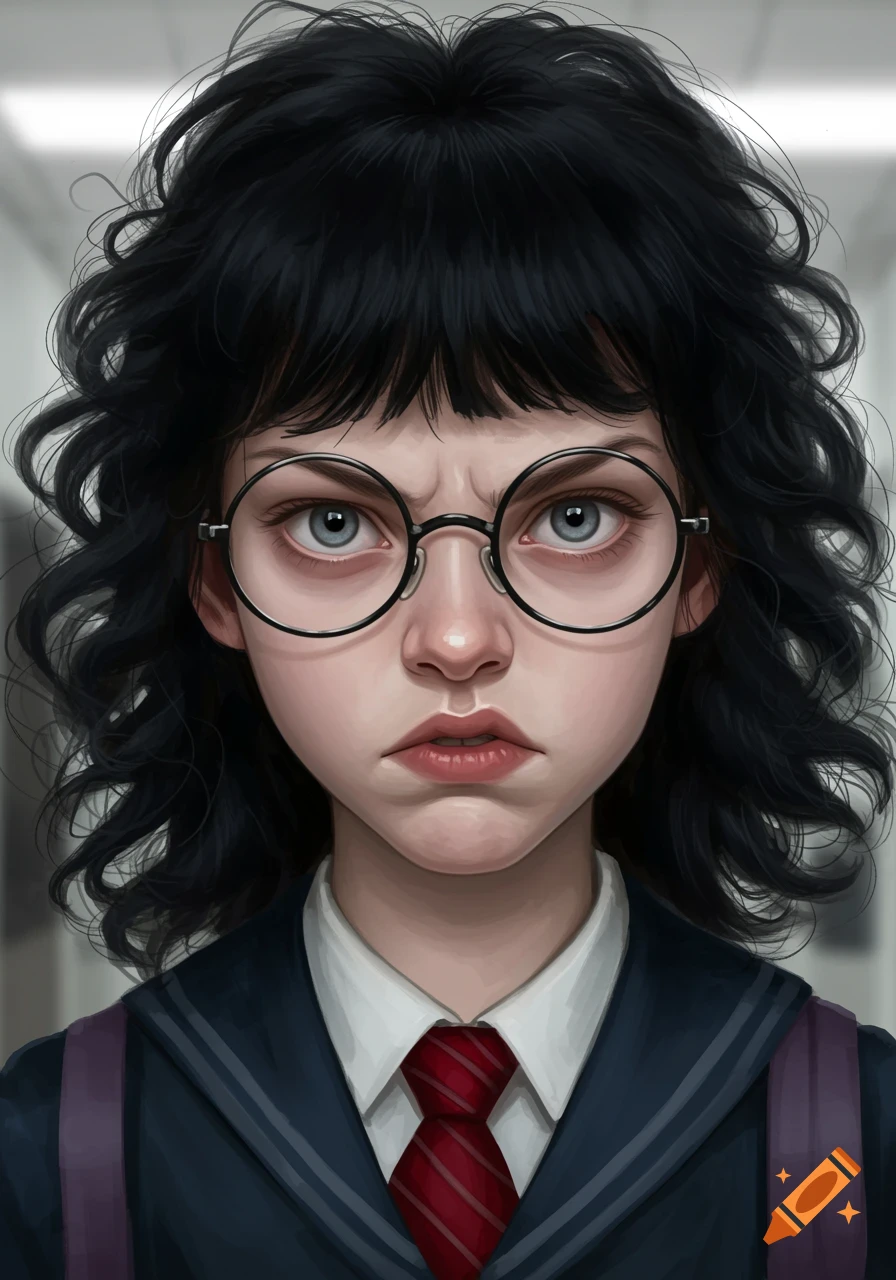 A stern-looking schoolgirl with black curly hair and round glasses wears a navy blue uniform and red tie.