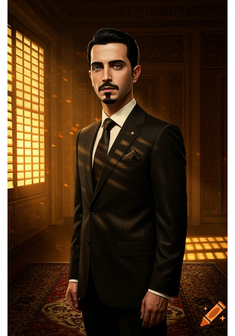 A photorealistic presidential portrait of a man with black hair and a goatee in a suit standing in a sunlit room.