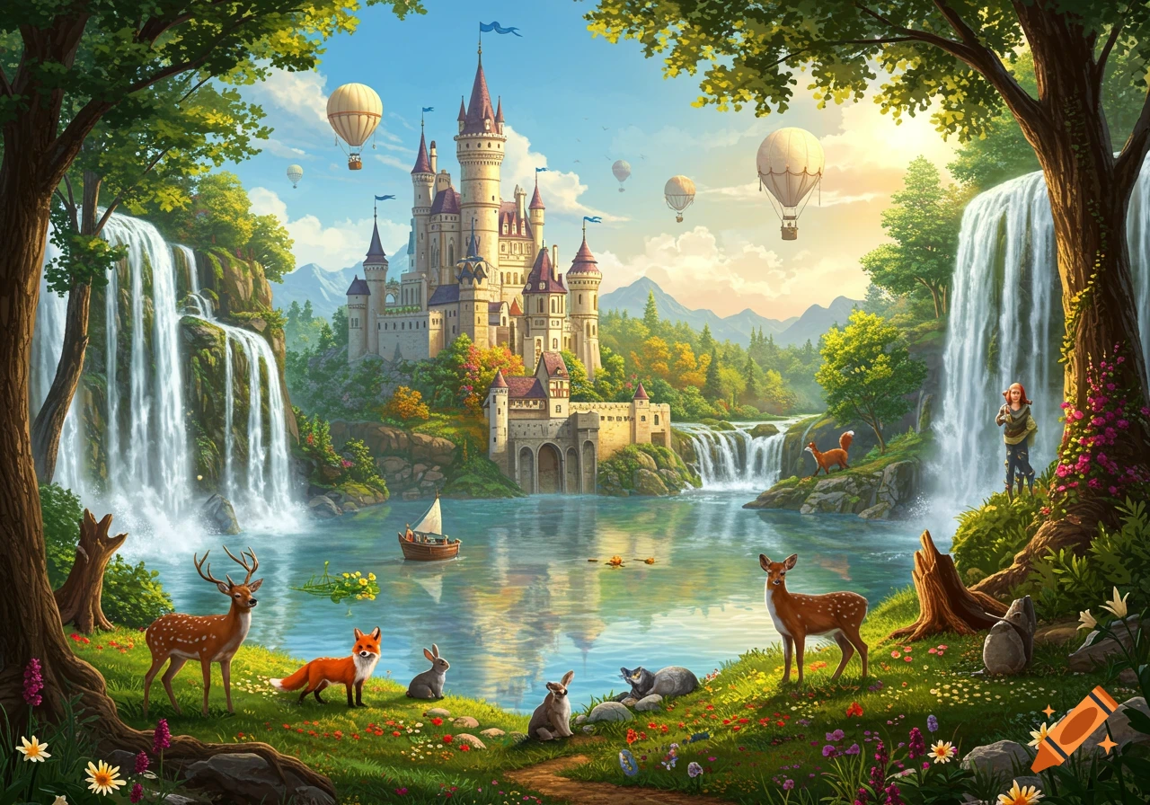 A beautiful fantasy landscape with a grand castle by a lake, surrounded by waterfalls, lush trees, and woodland animals. Hot air balloons float in the sky.