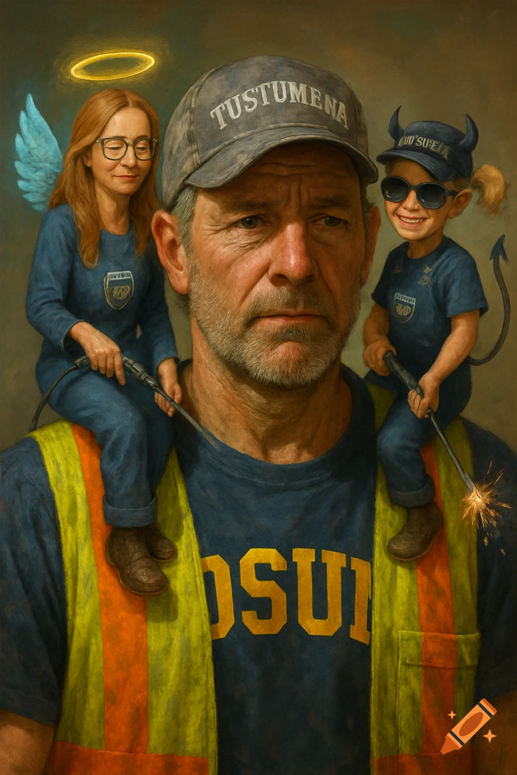 Detailed painterly portrait of a man in a safety vest with miniature angel and devil figures on his shoulders.